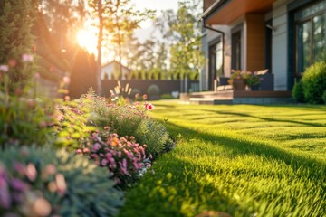 Obraz premium Perfect manicured lawn and flowerbed with shrubs in sunshine on backdrop of residential house backyard