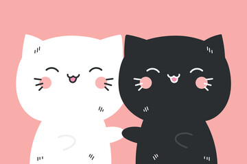 Cute hand drawn white and black cats holding each other paws. Vector illustration