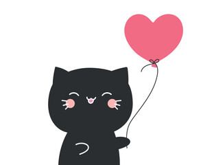Cute hand drawn black and white cat holding a heart shaped balloon. Vector illustration