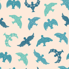 Fototapeta premium Hand drawn doves with botanical ornament seamless pattern. Blue flying birds pattern. Vector illustration