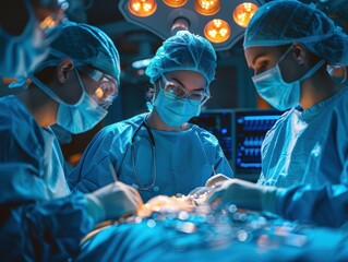 Svirow angle of team doctors in surgical operating patient on the table with monitor and lights, blue color theme, high resolution, cinematic, dark lighting.