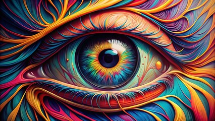 prominent illustration of eye anatomy with bold lines and bright colors