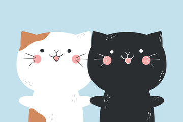 Two cute hand drawn doodle cats holding each other paws and smiling. Vector illustration