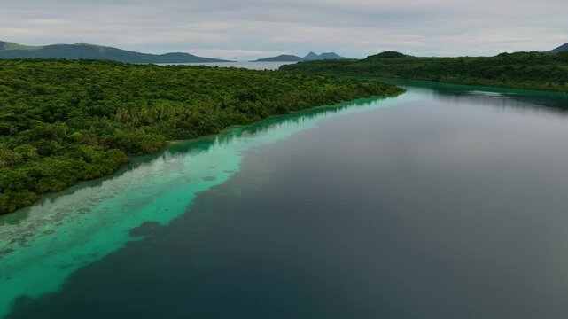 Aerial view of a beautiful tropical island lagoon surrounded by pristine reefs and lush palms, Shefa Province, Vanuatu.