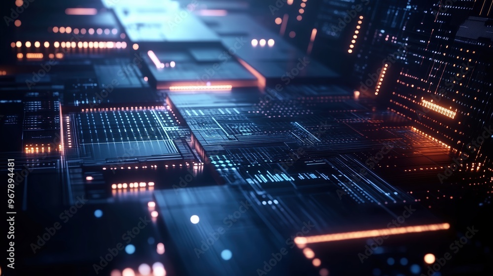 Poster High-resolution 3D render of a futuristic digital background featuring glowing lights and circuit board elements on a dark blue backdrop, representing cutting-edge AI technology and abstract data scie