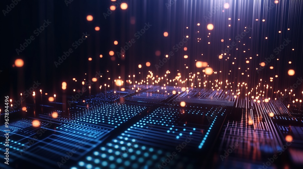Poster High-resolution 3D render of a futuristic digital background featuring glowing lights and circuit board elements on a dark blue backdrop, representing cutting-edge AI technology and abstract data scie