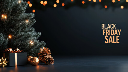 Festive Black Friday sale scene with a Christmas tree, ornaments, and glowing lights, ideal for holiday promotions.