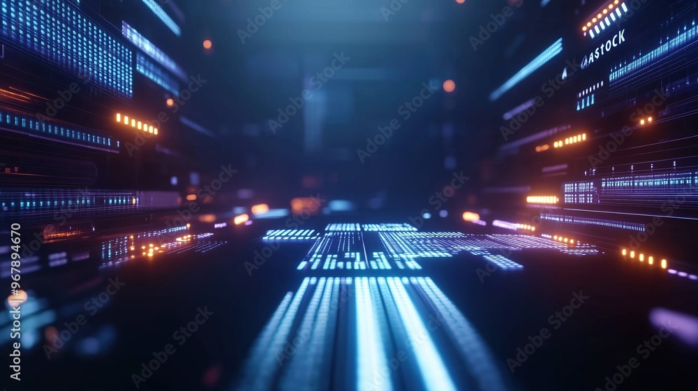 Poster High-resolution 3D render of a futuristic digital background featuring glowing lights and circuit board elements on a dark blue backdrop, representing cutting-edge AI technology and abstract data scie