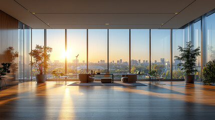 Fototapeta premium A modern office space with floor-to-ceiling windows offering stunning city views.