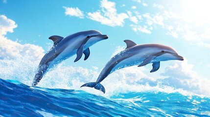 Fototapeta premium Couple dolphins jumping on the water with bright blue sky .generative ai