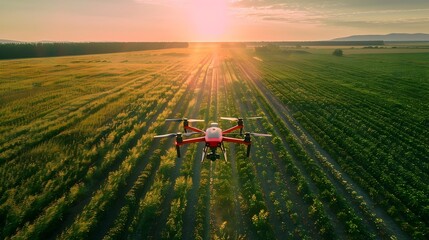 Solar Powered Drone Monitoring Agricultural Field at Sunset for Clean Energy Concept