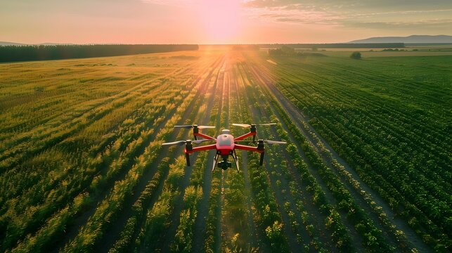Solar Powered Drone Monitoring Agricultural Field at Sunset for Clean Energy Concept
