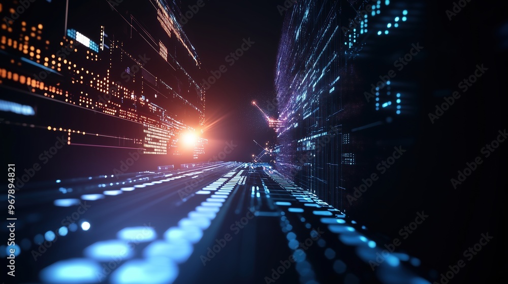 Poster High-resolution 3D render of a futuristic digital background featuring glowing lights and circuit board elements on a dark blue backdrop, representing cutting-edge AI technology and abstract data scie