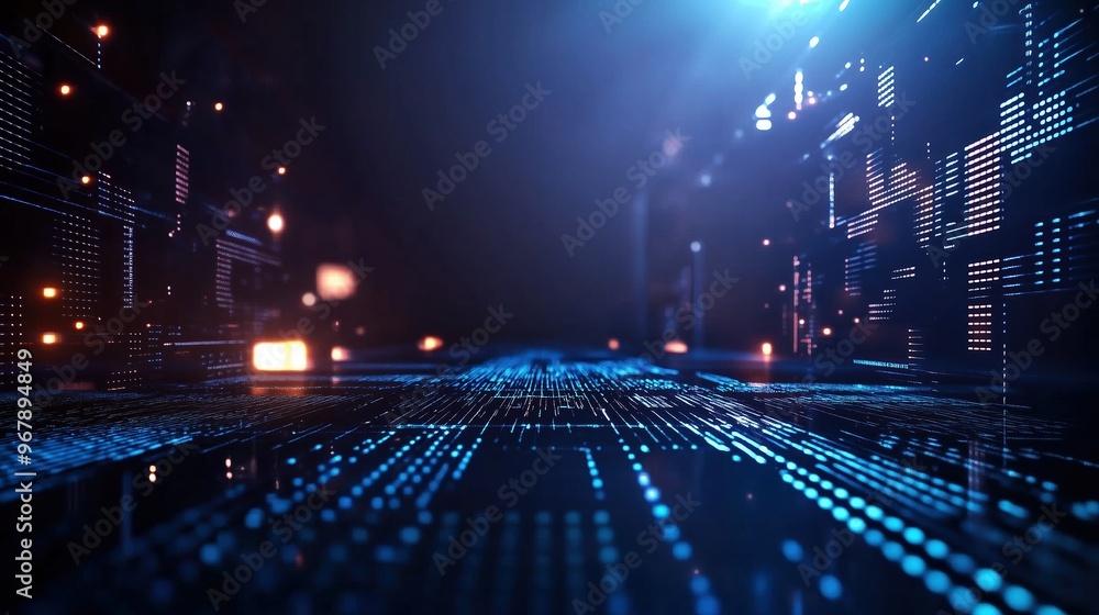 Poster High-resolution 3D render of a futuristic digital background featuring glowing lights and circuit board elements on a dark blue backdrop, representing cutting-edge AI technology and abstract data scie
