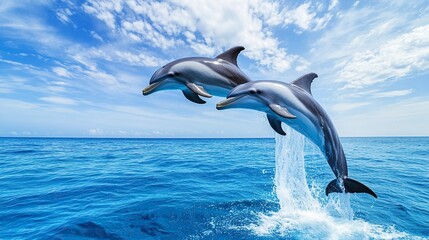 Fototapeta premium Couple dolphins jumping on the water with bright blue sky .generative ai