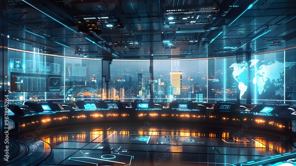 Poster smart grid control center in futuristic city with holographic displays and advanced tech for clean e