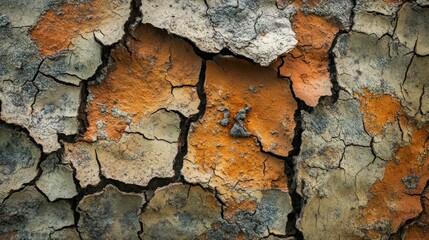 Fototapeta premium Close-up of cracked, weathered paint revealing layers of texture and color.