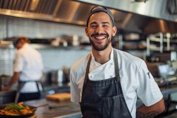Fototapeta premium Portrait of a smiling American chef in commercial kitchen
