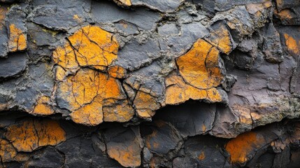 Fototapeta premium Close-up of textured rock surface with orange and black hues, showcasing natural patterns.