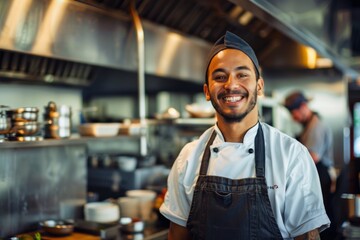 Fototapeta premium Portrait of a smiling American chef in commercial kitchen