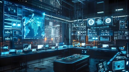 Futuristic Smart Grid Control Center with Holographic Displays and Advanced Technology for Clean Energy Optimization
