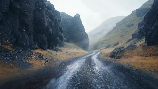 endless country road with fog and mist along the rock mountain 