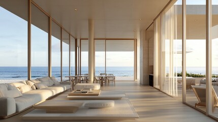 A beachside vacation home with large windows, light-filled interiors, and soft, warm tones, creating a tranquil and inviting atmosphere for a relaxing stay.