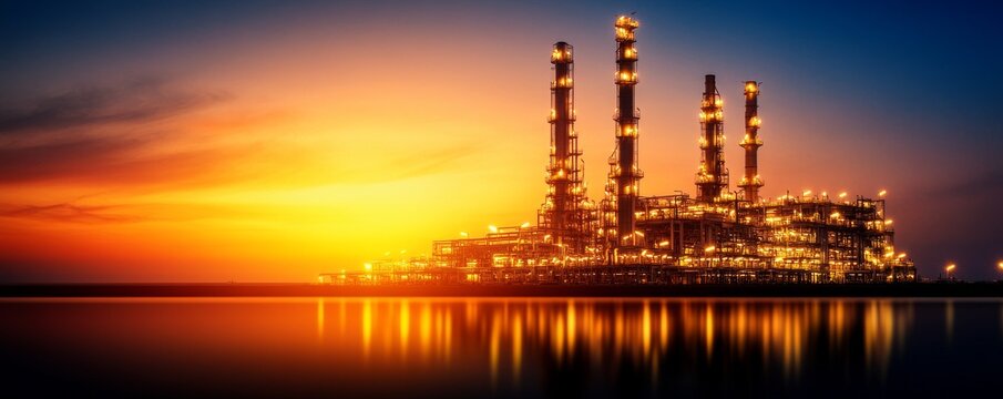 an oil refinery plant in the industrial zone at twilight, highlighting the refinery factory and oil storage tanks. This image captures the essence of the oil and gas industry, including factory