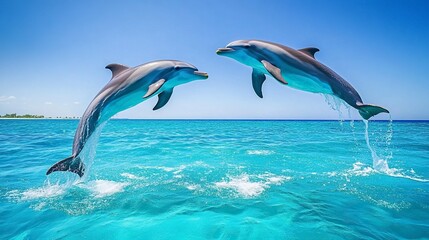 Fototapeta premium Couple dolphins jumping on the water with bright blue sky .generative ai