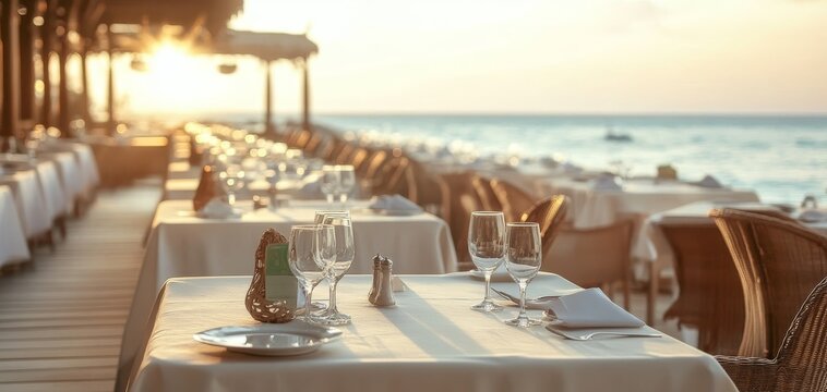 Elegant restaurant with beautiful sunset view, featuring neatly set tables and a serene ambiance perfect for fine dining experiences. Indulge in a serene and romantic atmosphere along the waterfront