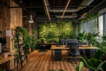 Fototapeta premium Biophilic design office spaces office interiors featuring living green walls and natural light