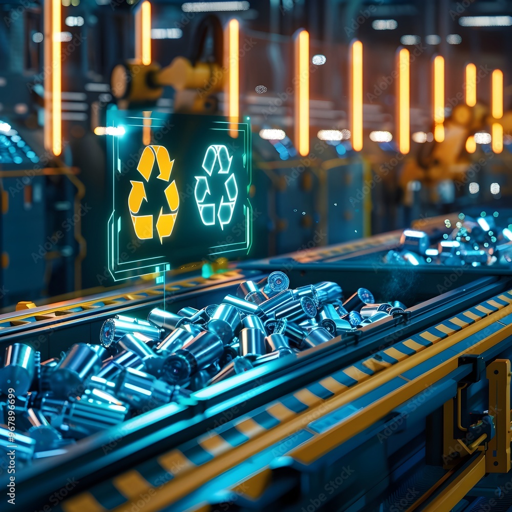 Poster futuristic ai powered waste management facility efficiently sorting recyclables with advanced techno