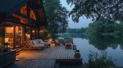 Obraz premium A cozy vacation home with a wooden deck overlooking a serene lake, featuring comfortable outdoor seating and warm, ambient lighting, perfect for a relaxing retreat.