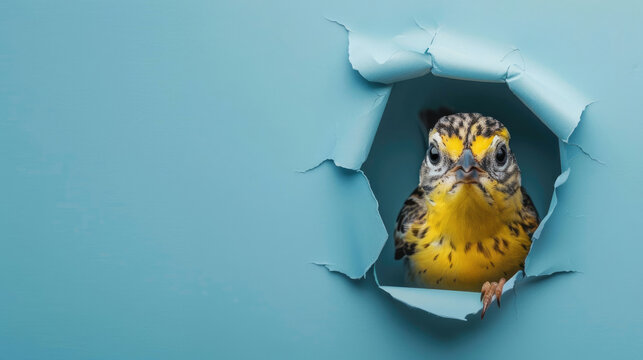 cute meadowlark peeking through a hole in a blue paper wall