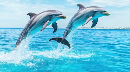 Fototapeta premium Couple dolphins jumping on the water with bright blue sky .generative ai