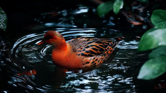 wild duck swimming in nature pond during raining, springtime cute anima