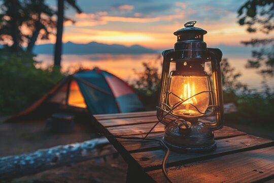 Camping acetylene lantern on wooden table with nature background and tent at sunset