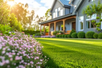 Fototapeta premium Perfect manicured lawn and flowerbed with shrubs in sunshine on backdrop of residential house backyard