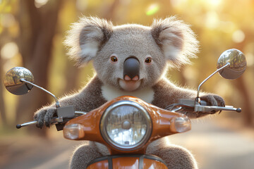 A cute koala riding a vintage scooter on a sunny path surrounded by trees.