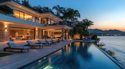 Fototapeta premium A luxury vacation home with a heated outdoor pool, comfortable lounge chairs, and ambient lighting, perfect for a warm, relaxing evening by the water.