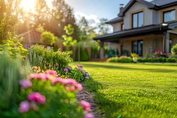 Obraz premium Perfect manicured lawn and flowerbed with shrubs in sunshine on backdrop of residential house backyard