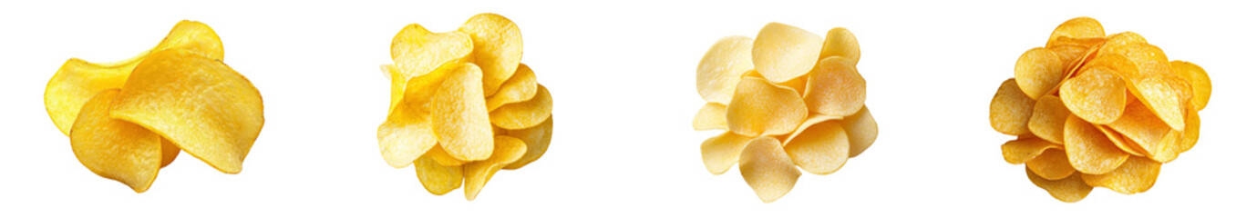 Isolated potato chips on white background.