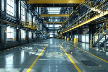 Fototapeta premium Interior of a modern industrial building with metal structures and yellow markings