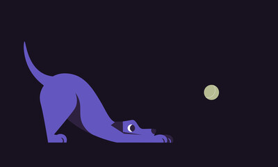 
A puppy is playing with a tennis ball. An energetic and curious dog on a dark background. Vector flat illustration