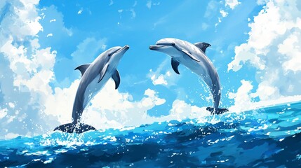 Fototapeta premium Couple dolphins jumping on the water with bright blue sky .generative ai