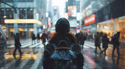 A person standing in a busy city street, surrounded by movement and chaos, yet appearing calm and centered, as if finding peace within.