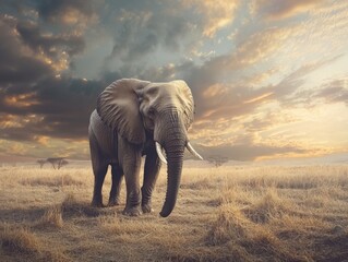 Obraz premium Majestic elephant roaming the golden grasslands at sunset under dramatic storm clouds