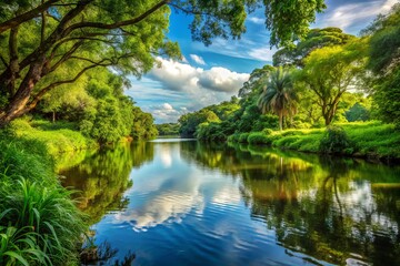 Riverbank with calm water and lush vegetation