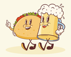 Groovy Taco and Beer Retro Characters Label. Cartoon Tortilla and Beverage Glass Mug Walking Smiling Vector Street Food Mascot Template. Happy Vintage Cool Mexican Fast Food Illustration Isolated