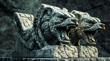 Fototapeta premium A 3d animated cartoon render of a cerberus stone statue with three heads. Cerberus. Illustration